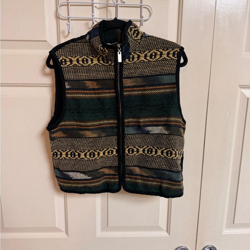 Chico's Patterned Knit Zip-Front Vest in Green, Black & Tan